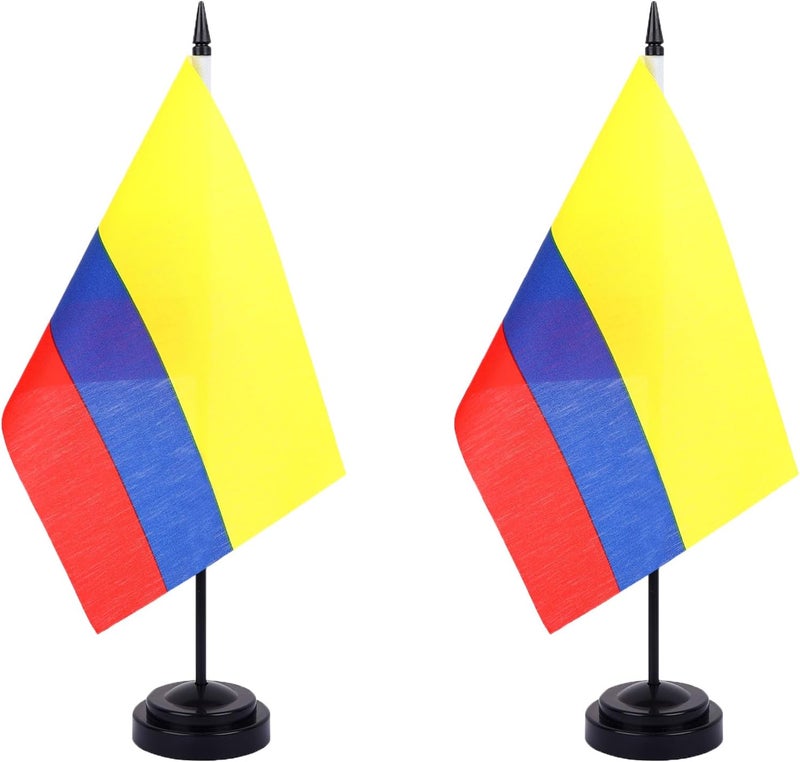 WXTWK 2 Pack Colombian Flag Colombian Deluxe Desk Flag Set - Mini Small Colombiana Table Office Flags with Black 12" Solid Pole Stand Base Classroom Meeting Desktop Decorations - Image 1